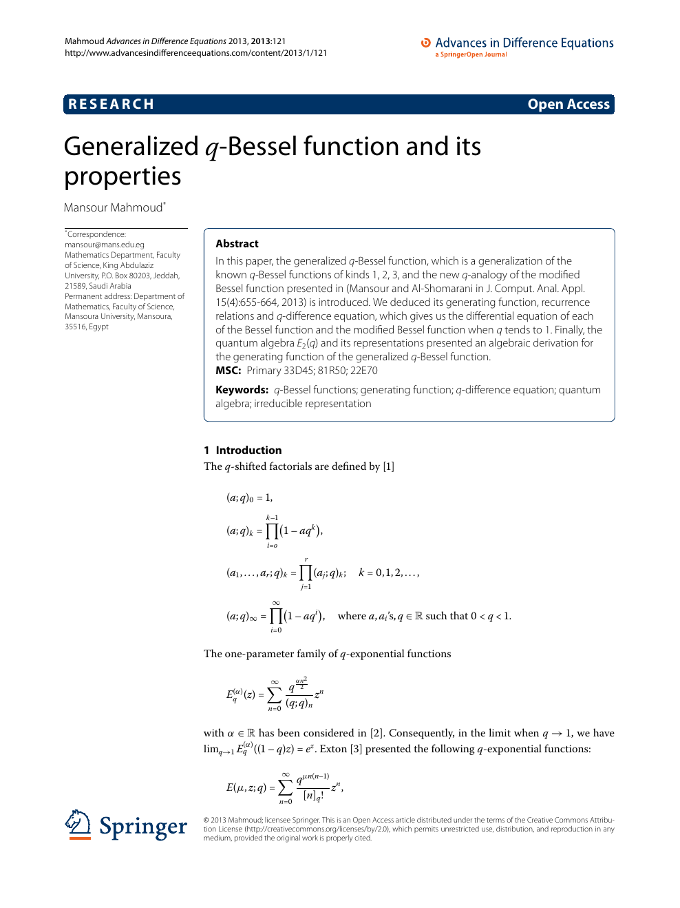Generalized Q Bessel Function And Its Properties Topic Of Research Paper In Mathematics Download Scholarly Article Pdf And Read For Free On Cyberleninka Open Science Hub