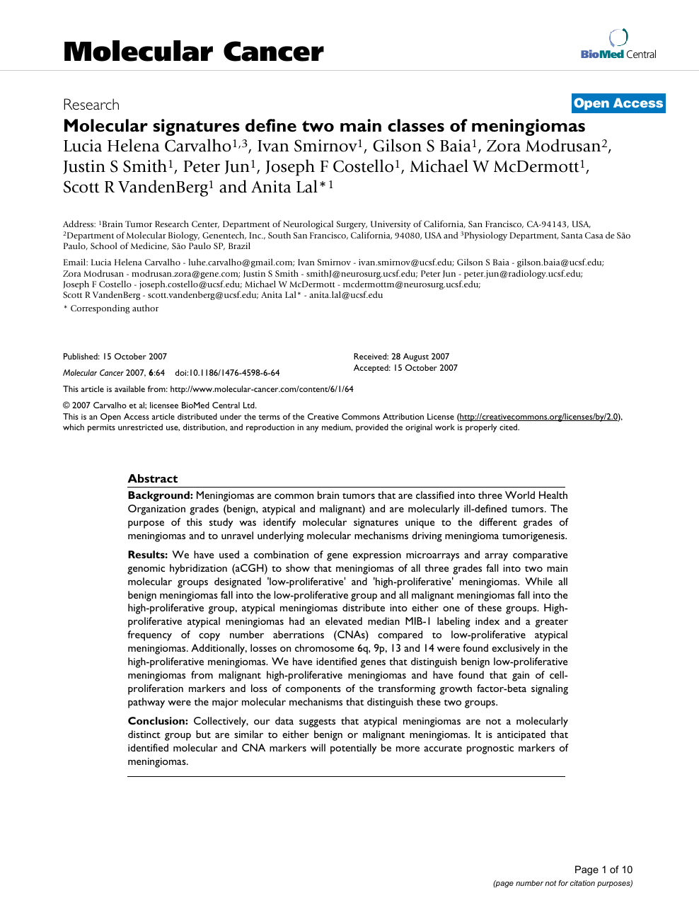 Molecular Signatures Define Two Main Classes Of Meningiomas Topic Of Research Paper In Clinical Medicine Download Scholarly Article Pdf And Read For Free On Cyberleninka Open Science Hub