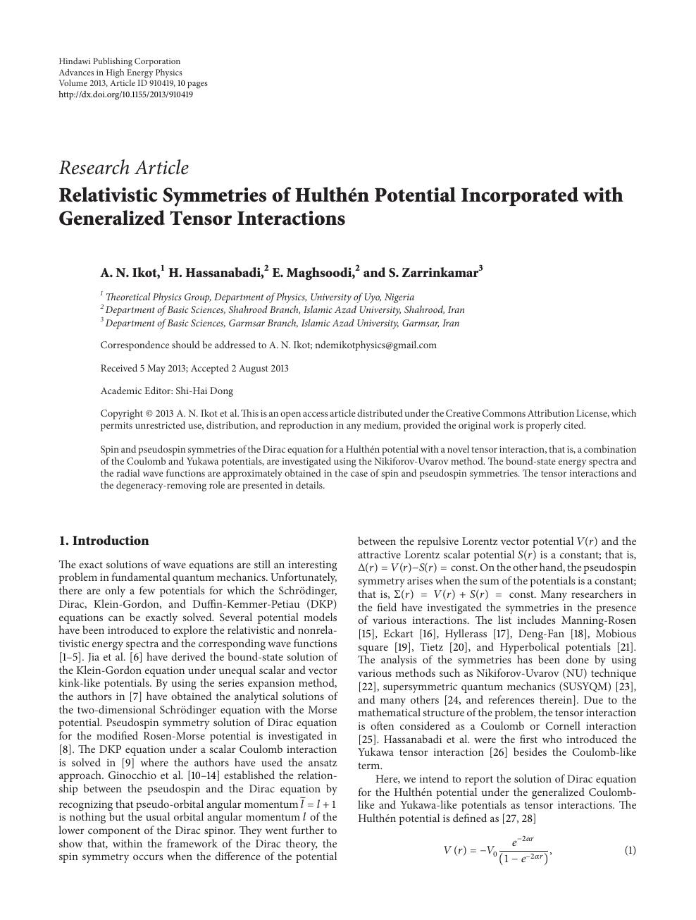 Relativistic Symmetries Of Hulthen Potential Incorporated With Generalized Tensor Interactions Topic Of Research Paper In Physical Sciences Download Scholarly Article Pdf And Read For Free On Cyberleninka Open Science Hub
