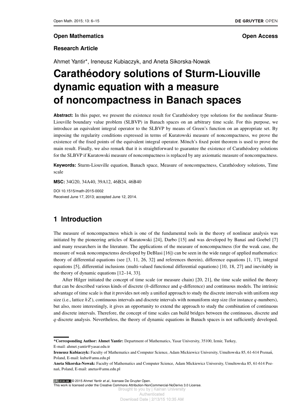 Caratheodory Solutions Of Sturm Liouville Dynamic Equation With A Measure Of Noncompactness In Banach Spaces Topic Of Research Paper In Mathematics Download Scholarly Article Pdf And Read For Free On Cyberleninka Open