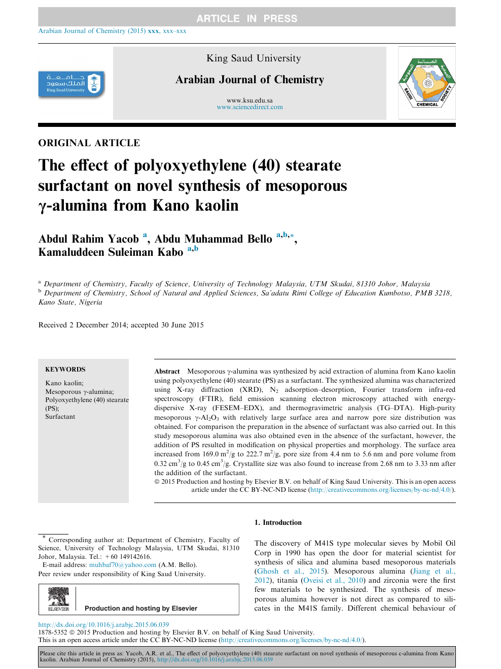 The effect of polyoxyethylene (40) stearate surfactant on novel synthesis  of mesoporous γ-alumina from Kano kaolin – topic of research paper in  Chemical sciences. Download scholarly article PDF and read for free
