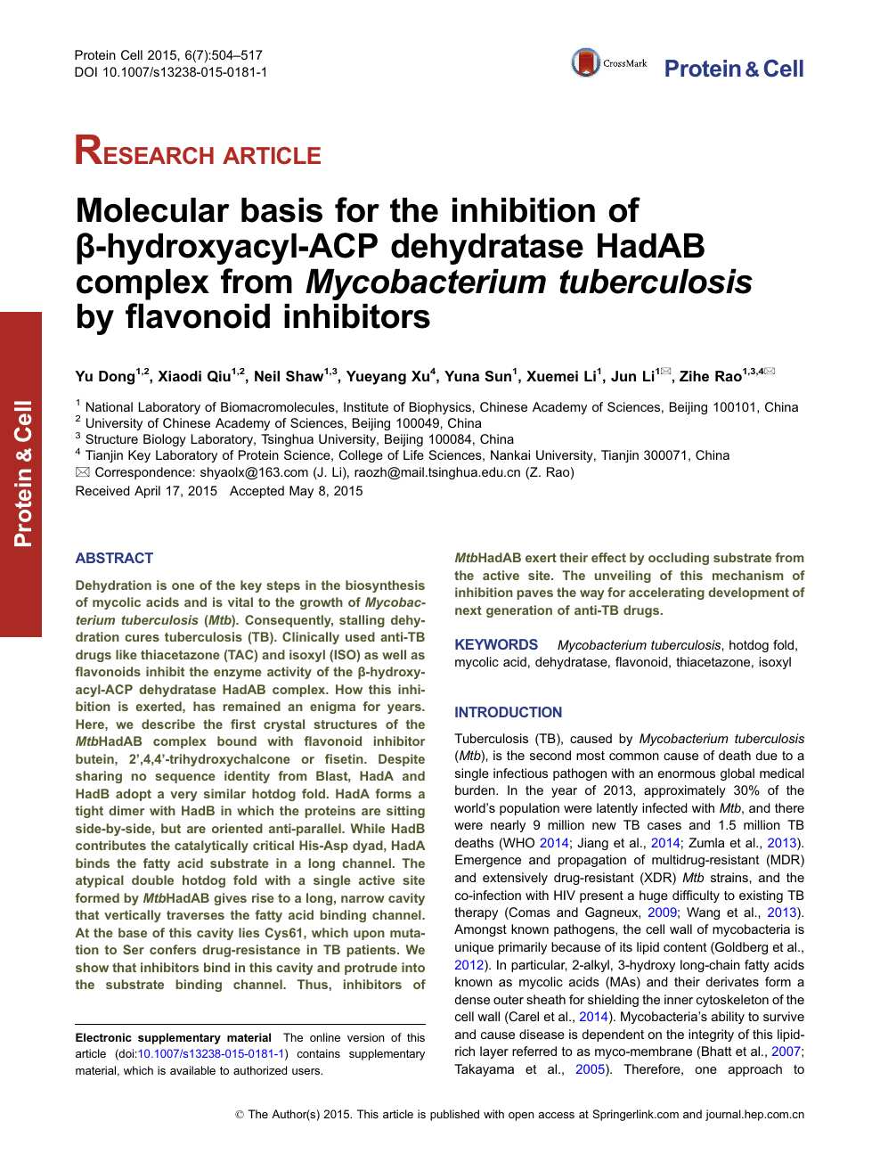 Molecular Basis For The Inhibition Of B Hydroxyacyl Acp Dehydratase Hadab Complex From Mycobacterium Tuberculosis By Flavonoid Inhibitors Topic Of Research Paper In Biological Sciences Download Scholarly Article Pdf And Read For Free