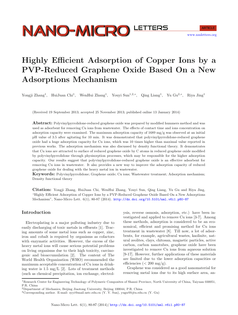Highly Efficient Adsorption Of Copper Ions By A Pvp Reduced Graphene Oxide Based On A New Adsorptions Mechanism Topic Of Research Paper In Nano Technology Download Scholarly Article Pdf And Read For Free