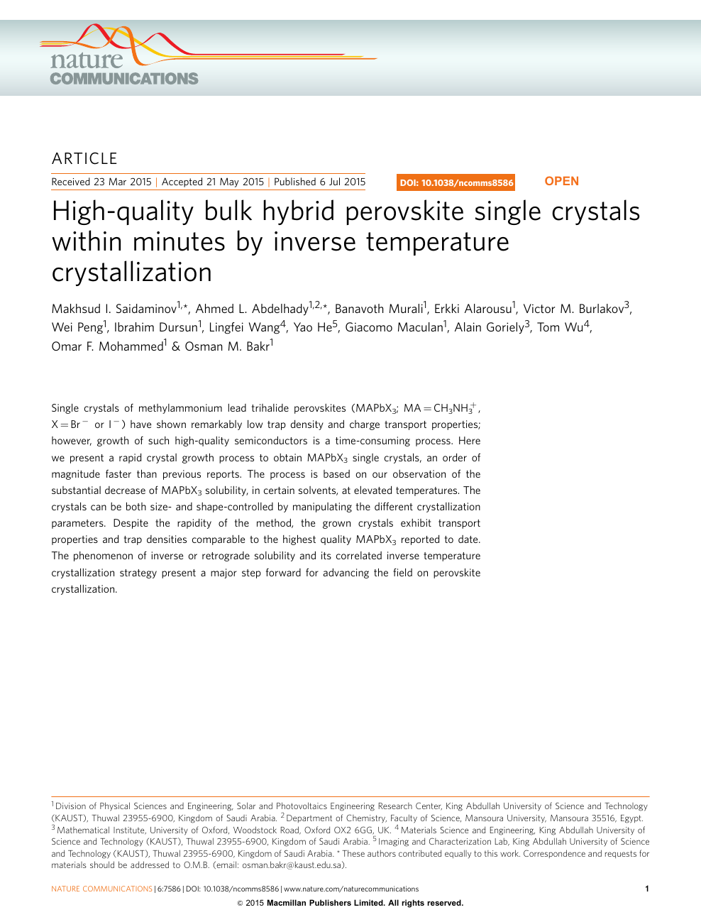 High Quality Bulk Hybrid Perovskite Single Crystals Within Minutes By Inverse Temperature Crystallization Topic Of Research Paper In Nano Technology Download Scholarly Article Pdf And Read For Free On Cyberleninka Open Science Hub