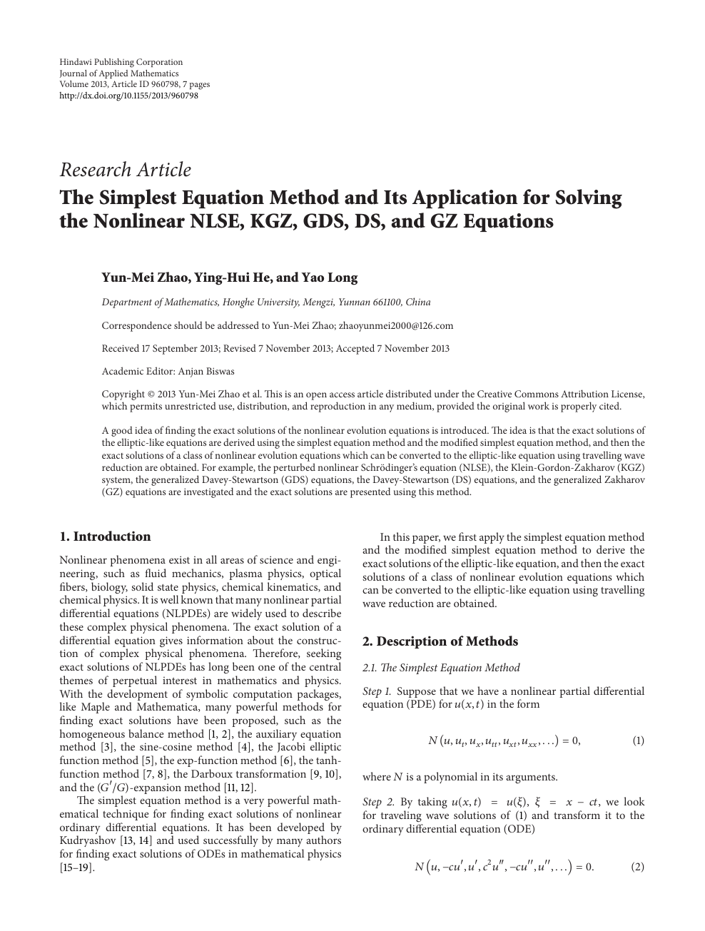 The Simplest Equation Method And Its Application For Solving The Nonlinear Nlse Kgz Gds Ds And Gz Equations Topic Of Research Paper In Mathematics Download Scholarly Article Pdf And Read For