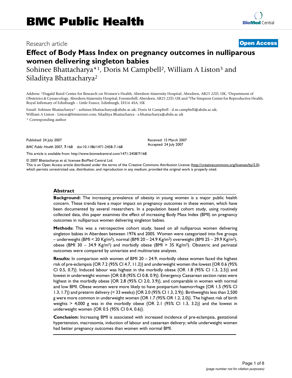 Effect Of Body Mass Index On Pregnancy Outcomes In Nulliparous