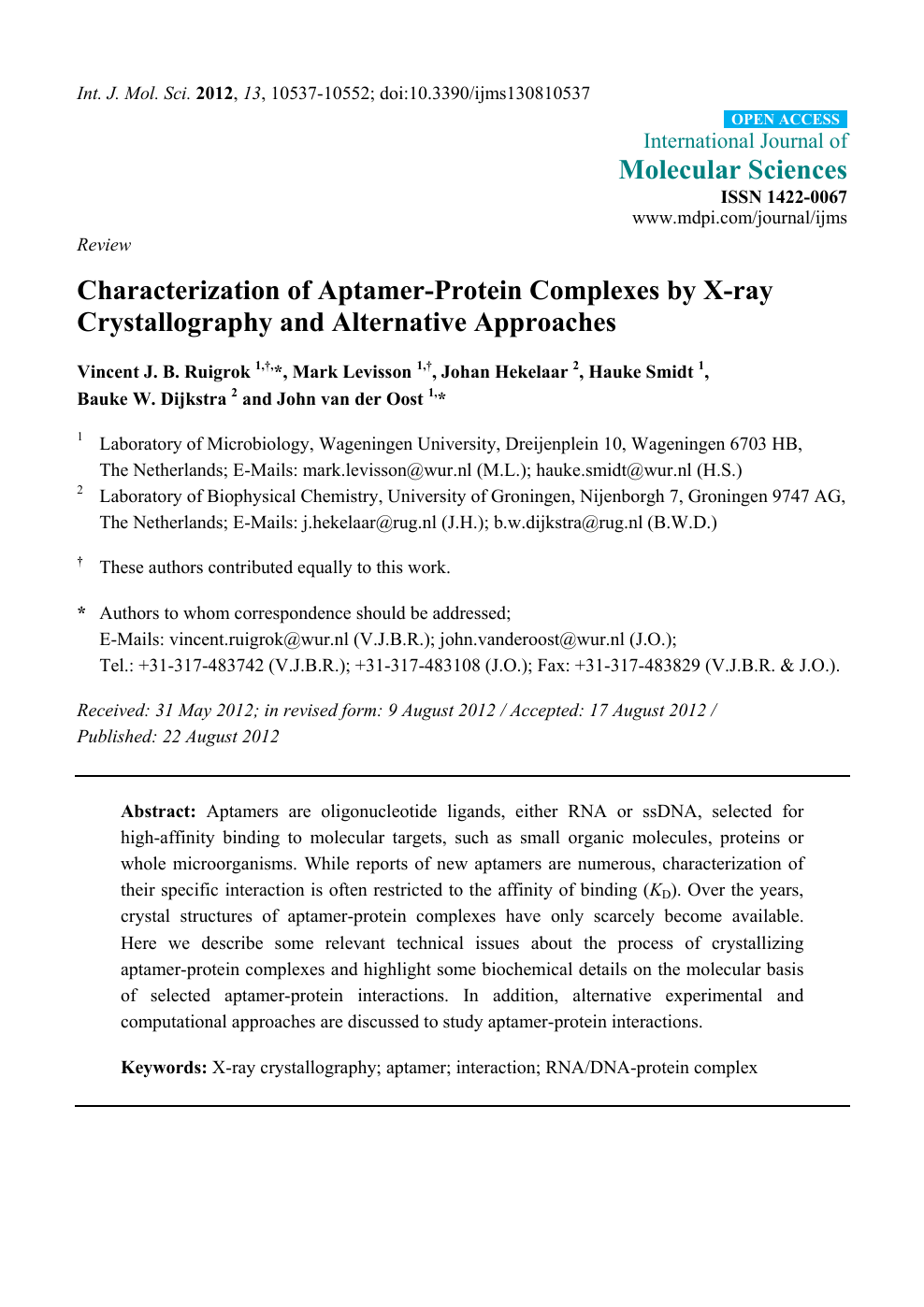 Characterization Of Aptamer Protein Complexes By X Ray Crystallography And Alternative Approaches Topic Of Research Paper In Biological Sciences Download Scholarly Article Pdf And Read For Free On Cyberleninka Open Science Hub