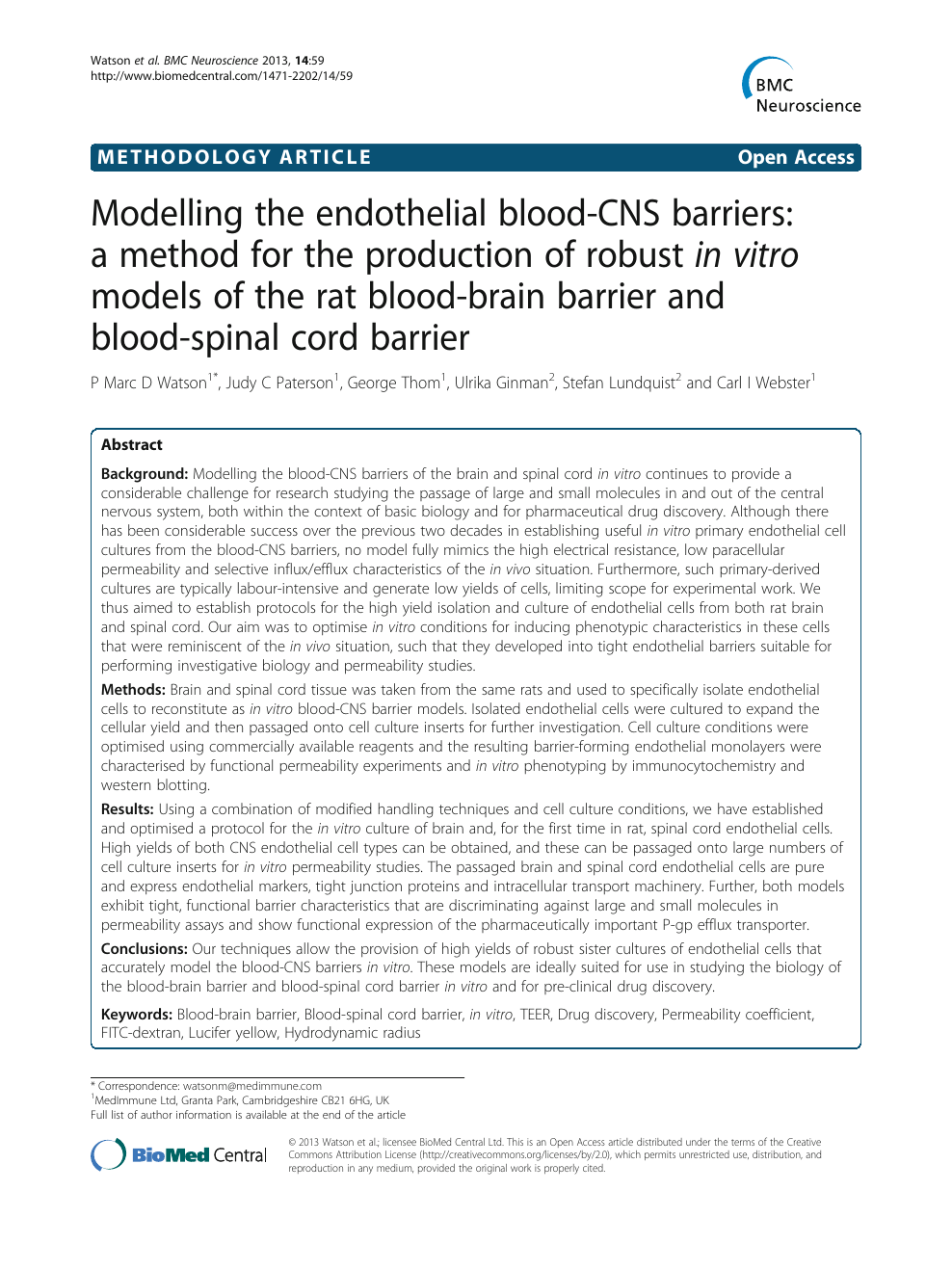 Modelling The Endothelial Blood Cns Barriers A Method For The Production Of Robust In Vitro Models Of The Rat Blood Brain Barrier And Blood Spinal Cord Barrier Topic Of Research Paper In Biological Sciences
