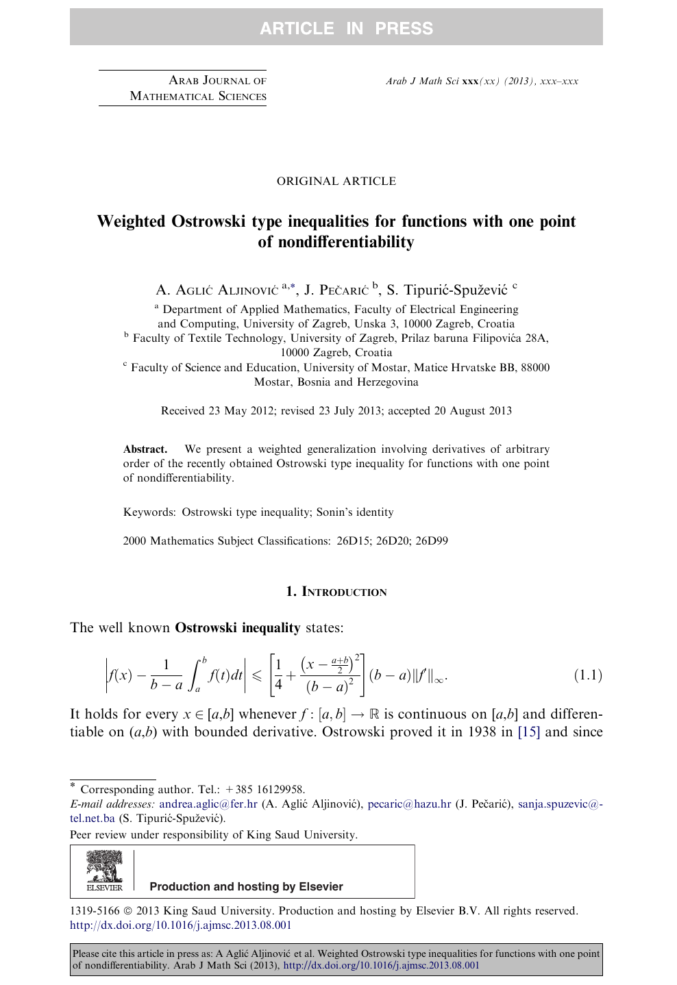 Weighted Ostrowski Type Inequalities For Functions With One Point Of Nondifferentiability Topic Of Research Paper In Mathematics Download Scholarly Article Pdf And Read For Free On Cyberleninka Open Science Hub