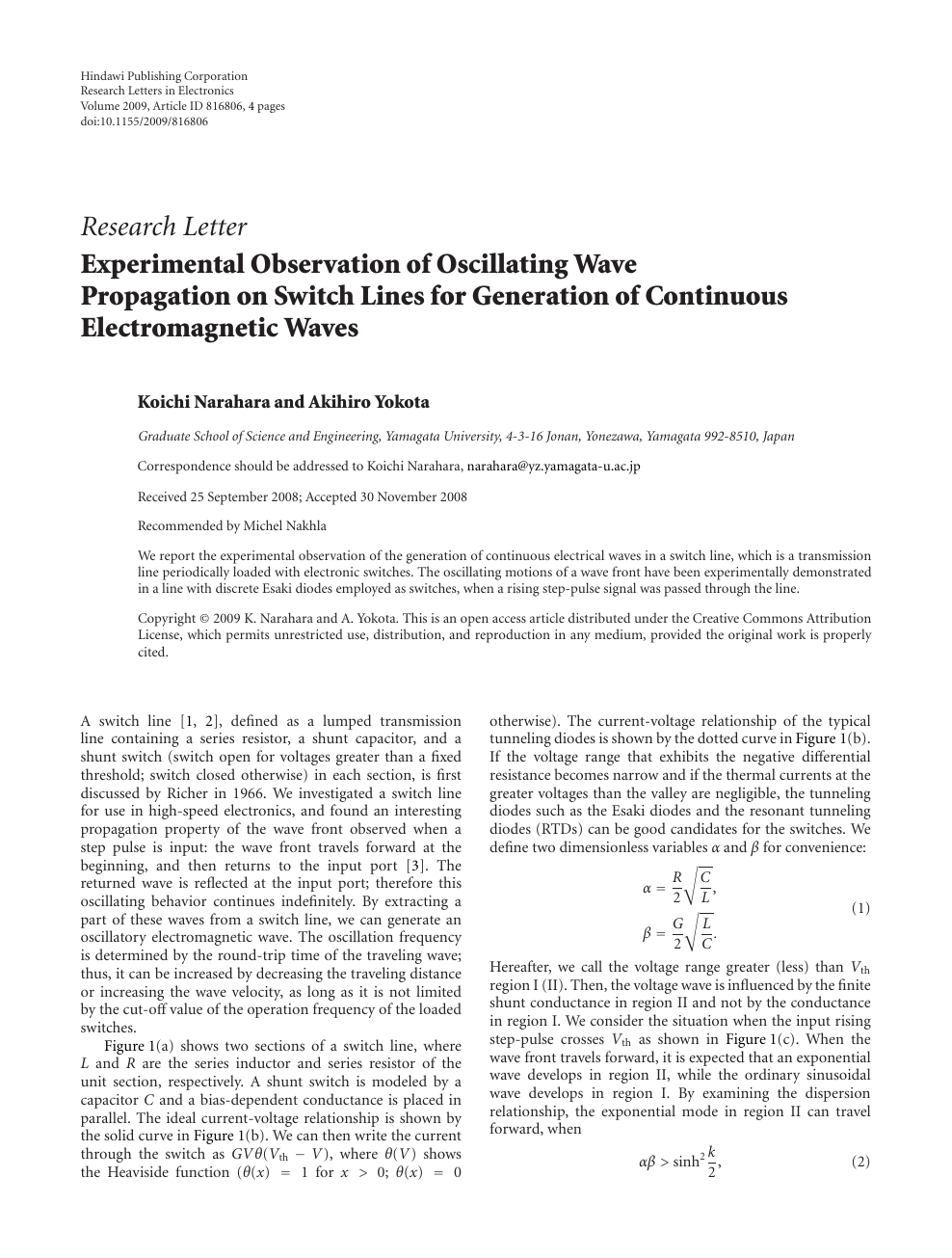 Experimental Observation Of Oscillating Wave Propagation On Switch Lines For Generation Of Continuous Electromagnetic Waves Topic Of Research Paper In Electrical Engineering Electronic Engineering Information Engineering Download Scholarly Article