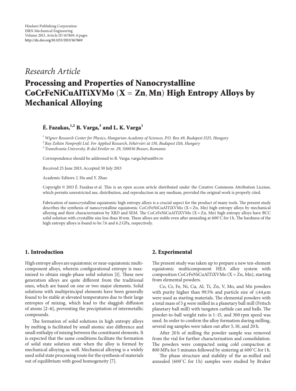 Processing And Properties Of Nanocrystalline Cocrfenicualtixvmo X Zn Mn High Entropy Alloys By Mechanical Alloying Topic Of Research Paper In Mechanical Engineering Download Scholarly Article Pdf And