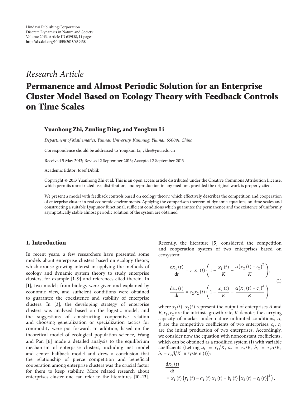 Permanence And Almost Periodic Solution For An Enterprise Cluster Model Based On Ecology Theory With Feedback Controls On Time Scales Topic Of Research Paper In Mathematics Download Scholarly Article Pdf And