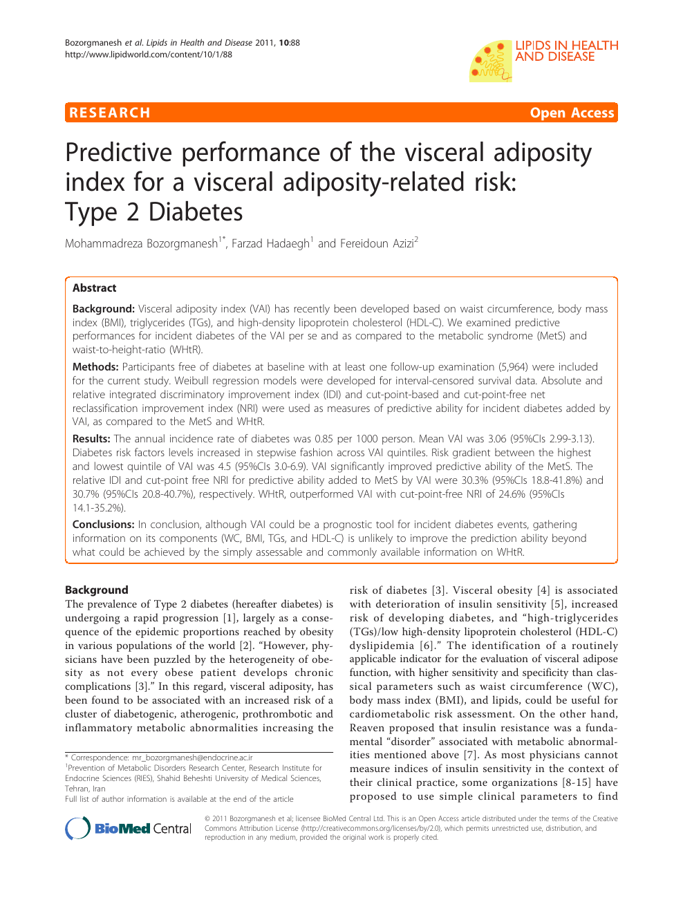 Predictive of the visceral adiposity index for a visceral adiposity-related risk: Type 2 Diabetes – topic of research paper in Clinical medicine. Download scholarly article PDF and read for free