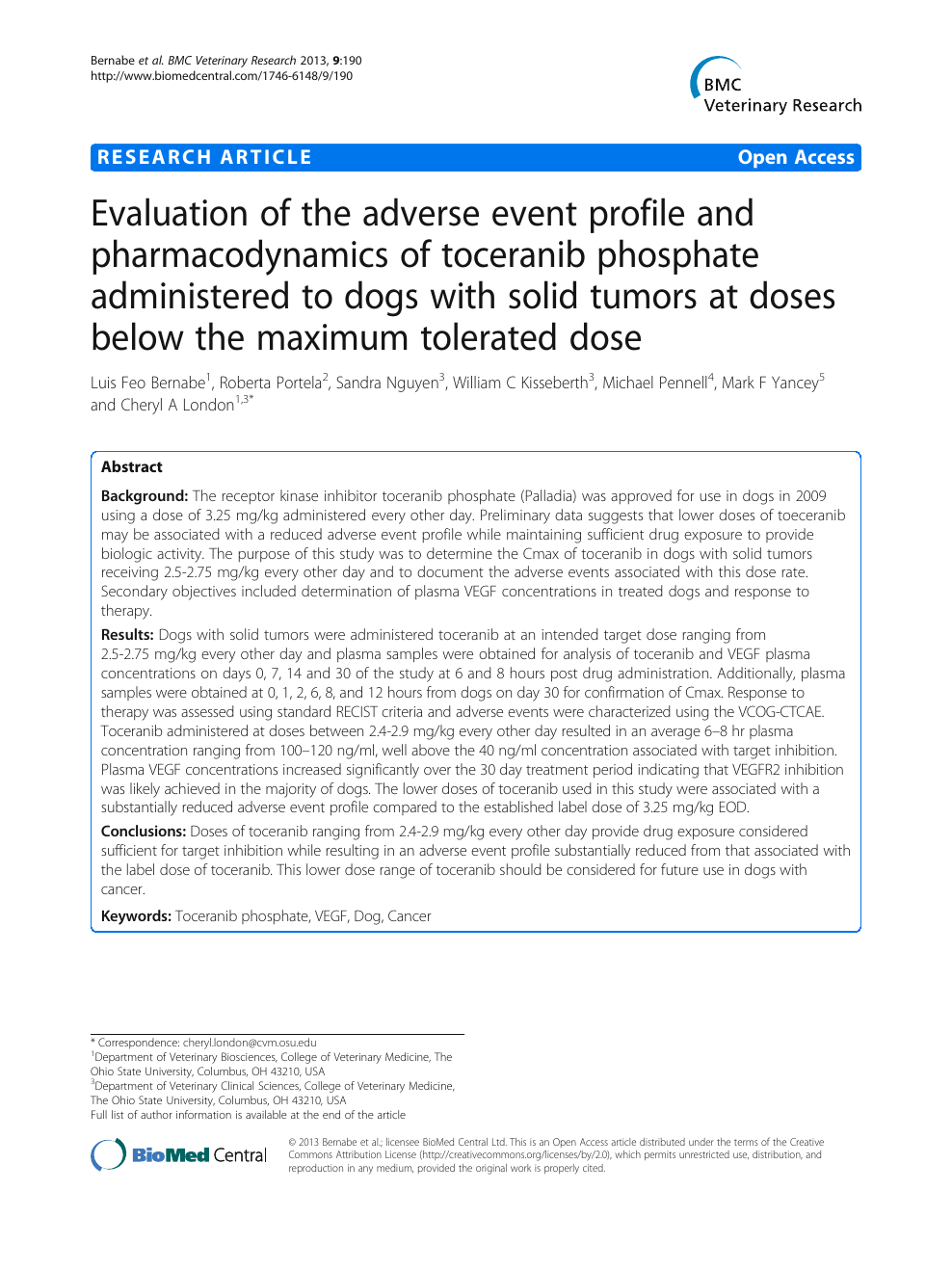 Evaluation Of The Adverse Event Profile And Pharmacodynamics Of Toceranib Phosphate Administered To Dogs With Solid Tumors At Doses Below The Maximum Tolerated Dose Topic Of Research Paper In Veterinary Science