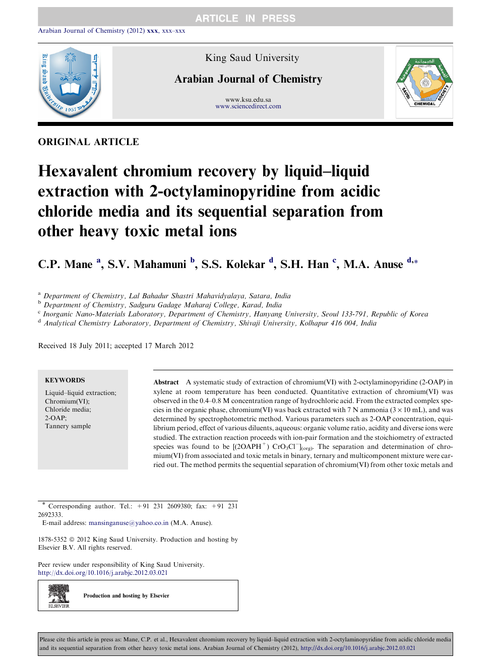 Hexavalent Chromium Recovery By Liquid Liquid Extraction With 2 Octylaminopyridine From Acidic Chloride Media And Its Sequential Separation From Other Heavy Toxic Metal Ions Topic Of Research Paper In Chemical Sciences Download Scholarly