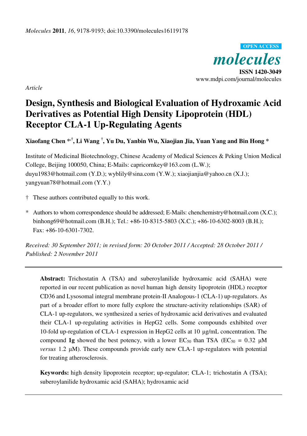 Design Synthesis And Biological Evaluation Of Hydroxamic Acid Derivatives As Potential High Density Lipoprotein Hdl Receptor Cla 1 Up Regulating Agents Topic Of Research Paper In Chemical Sciences Download Scholarly Article Pdf And