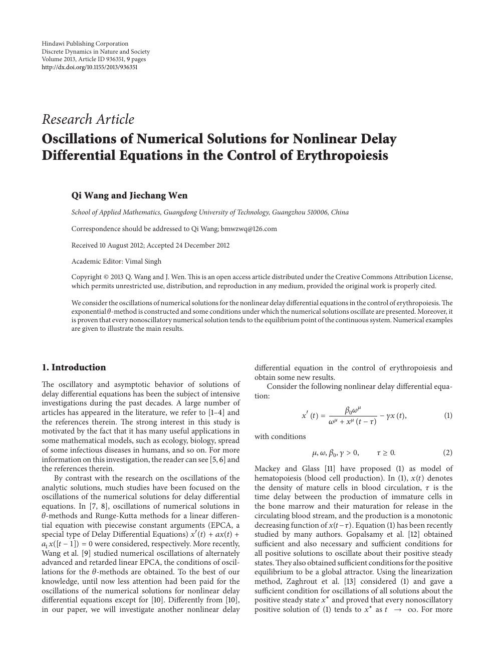 Oscillations Of Numerical Solutions For Nonlinear Delay Differential Equations In The Control Of Erythropoiesis Topic Of Research Paper In Mathematics Download Scholarly Article Pdf And Read For Free On Cyberleninka Open