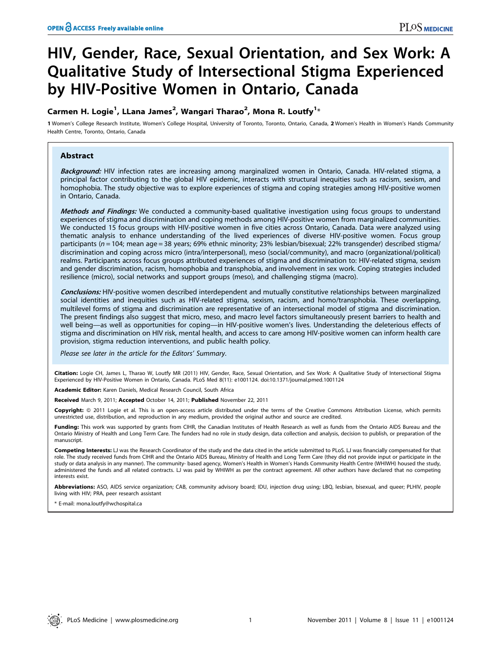 HIV, Gender, Race, Sexual Orientation, and Sex Work A Qualitative Study of Intersectional Stigma Experienced by HIV-Positive Women in Ontario, Canada  image