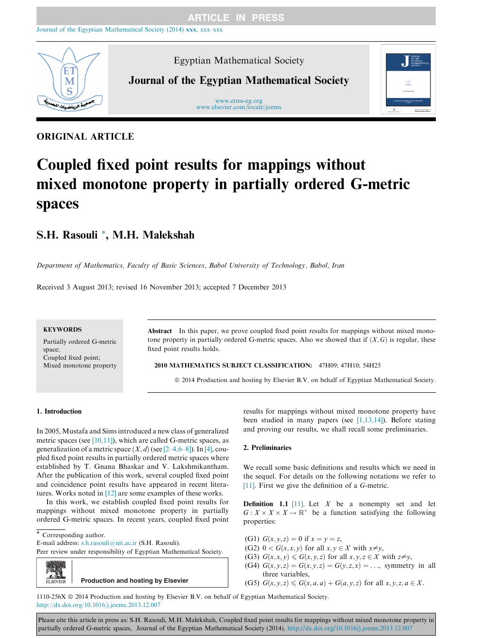 Coupled Fixed Point Results For Mappings Without Mixed Monotone Property In Partially Ordered G Metric Spaces Topic Of Research Paper In Mathematics Download Scholarly Article Pdf And Read For Free On Cyberleninka