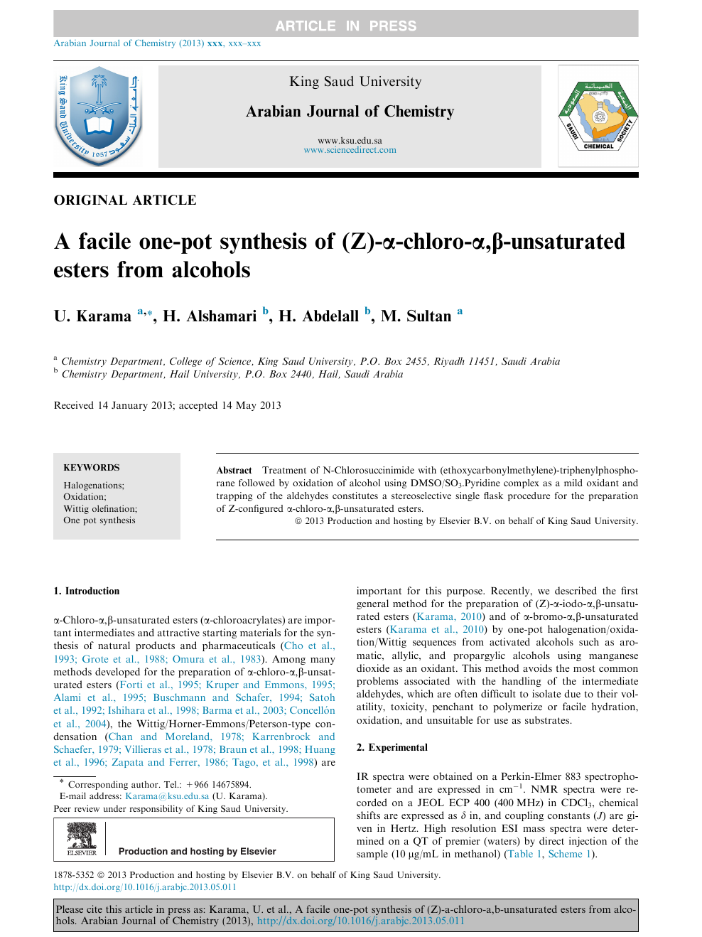 A Facile One Pot Synthesis Of Z A Chloro A B Unsaturated Esters From Alcohols Topic Of Research Paper In Chemical Sciences Download Scholarly Article Pdf And Read For Free On Cyberleninka Open Science Hub