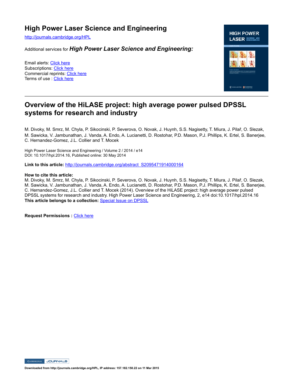 Overview Of The Hilase Project High Average Power Pulsed Dpssl Systems For Research And Industry Topic Of Research Paper In Nano Technology Download Scholarly Article Pdf And Read For Free On Cyberleninka