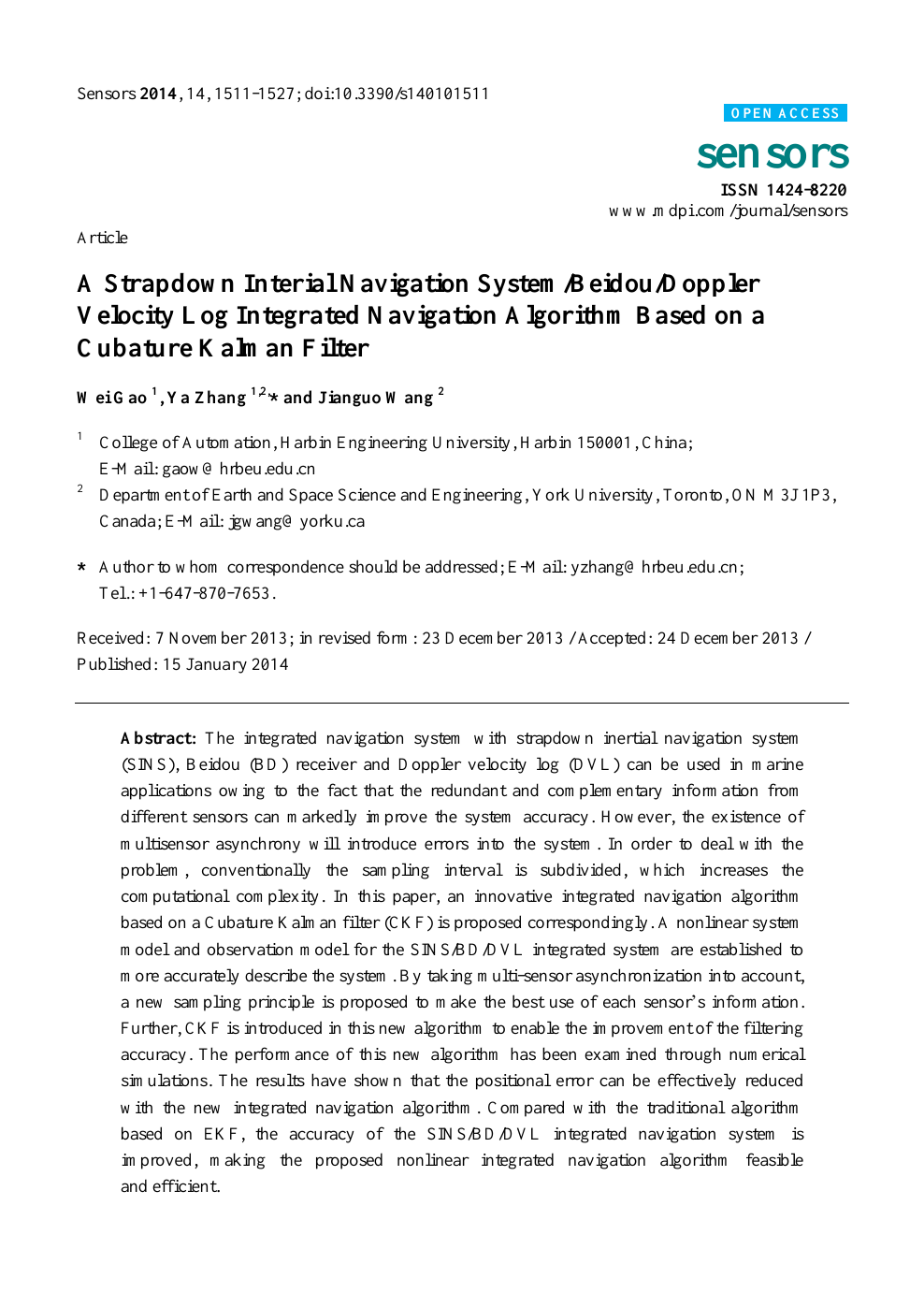 A Strapdown Interial Navigation System Beidou Doppler Velocity Log Integrated Navigation Algorithm Based On A Cubature Kalman Filter Topic Of Research Paper In Mathematics Download Scholarly Article Pdf And Read For Free On
