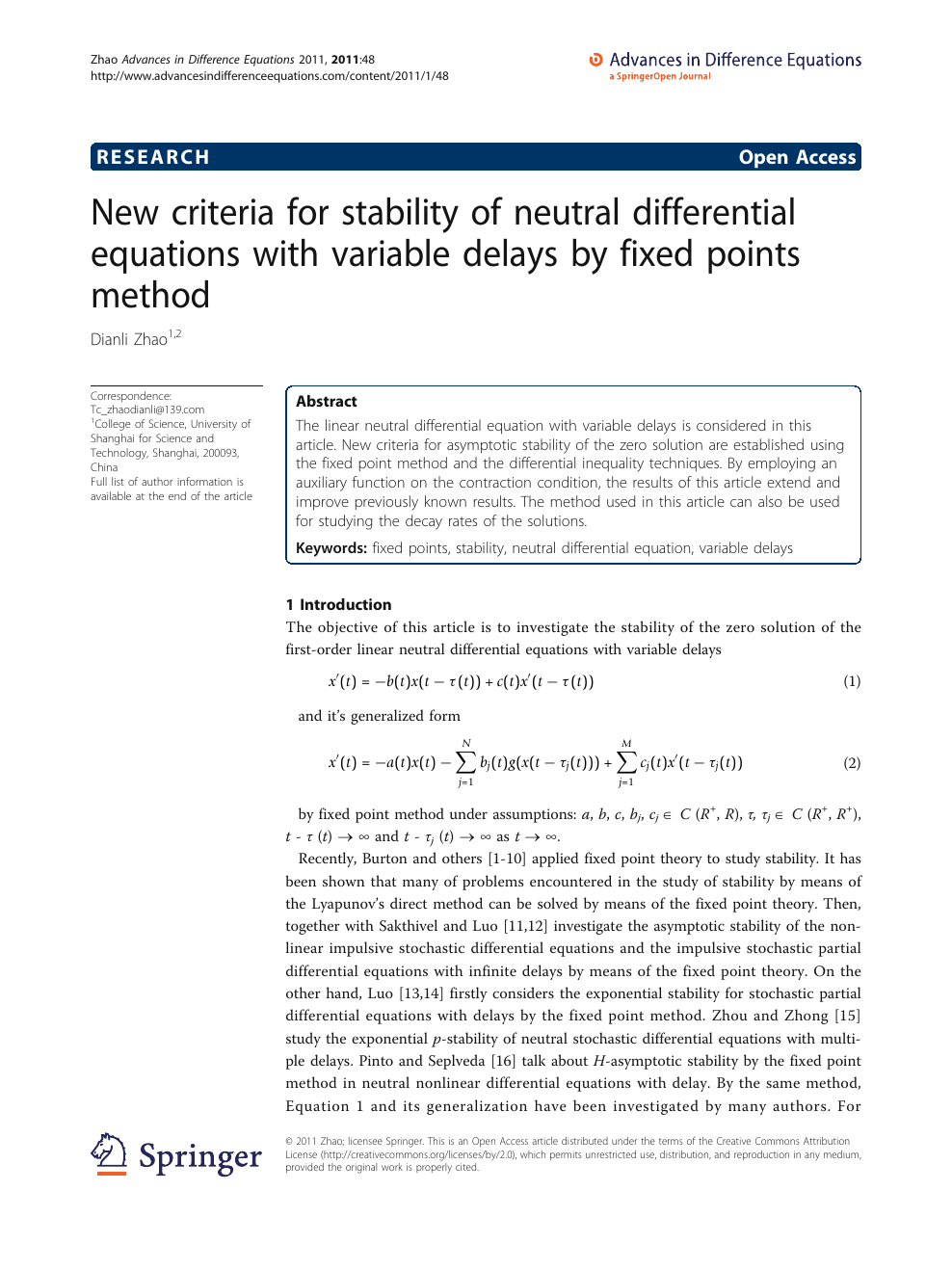 New Criteria For Stability Of Neutral Differential Equations With Variable Delays By Fixed Points Method Topic Of Research Paper In Mathematics Download Scholarly Article Pdf And Read For Free On Cyberleninka