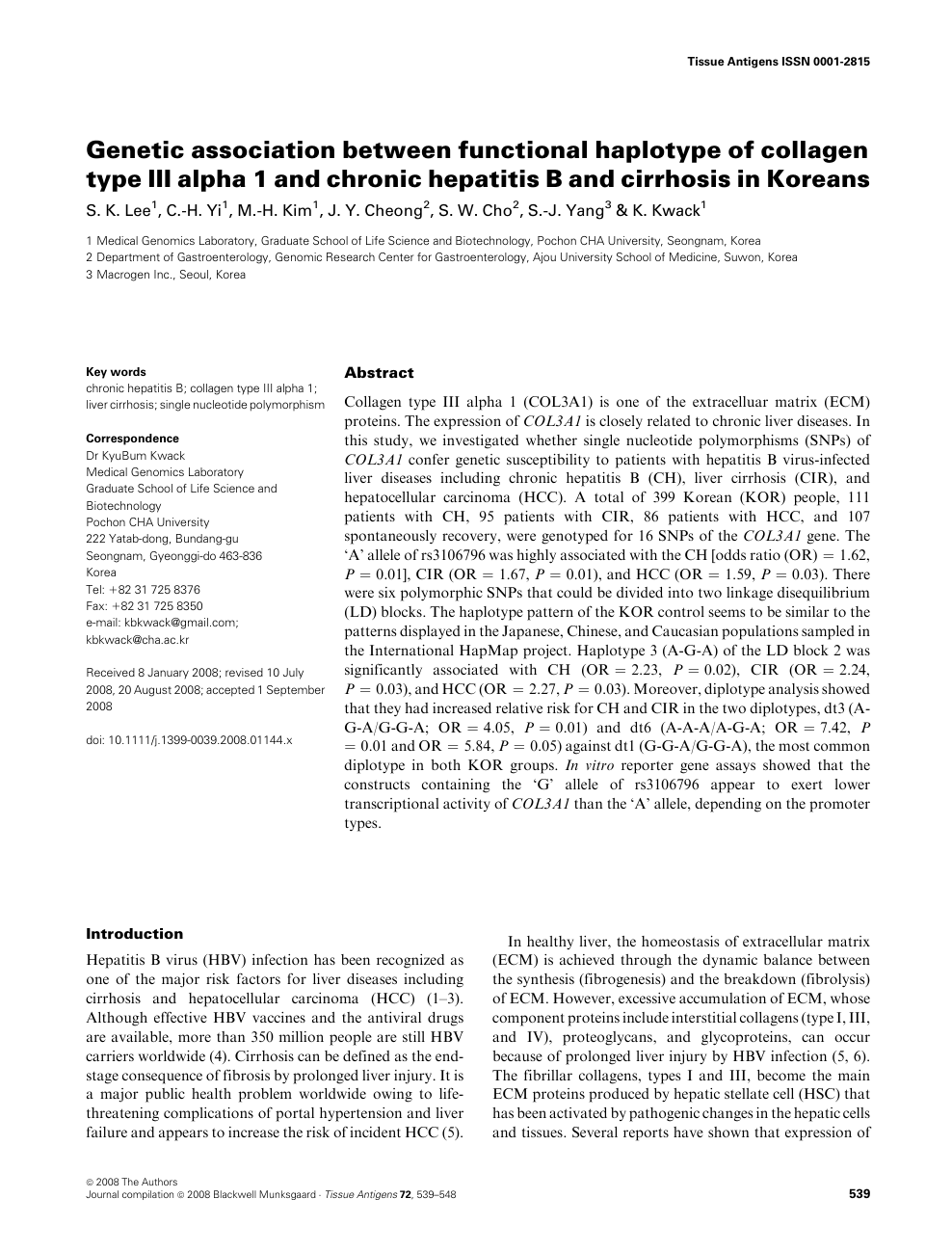 Genetic Association Between Functional Haplotype Of Collagen Type Iii Alpha 1 And Chronic Hepatitis B And Cirrhosis In Koreans Topic Of Research Paper In Biological Sciences Download Scholarly Article Pdf And
