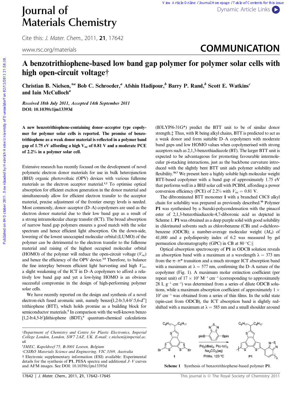 A Benzotrithiophene Based Low Band Gap Polymer For Polymer Solar Cells With High Open Circuit Voltage Topic Of Research Paper In Chemical Sciences Download Scholarly Article Pdf And Read For Free On Cyberleninka