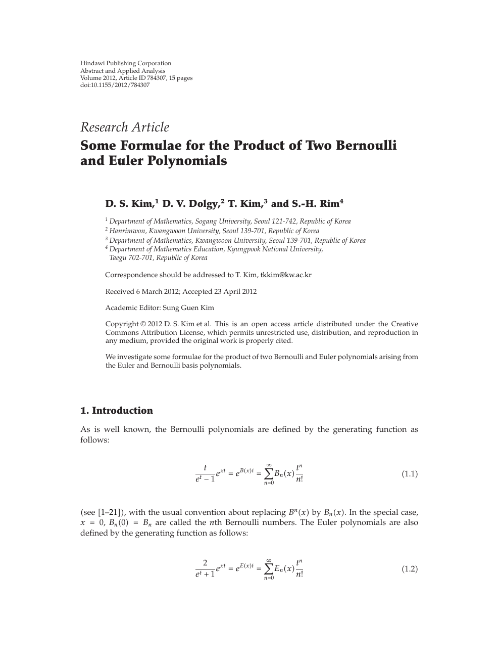 Some Formulae For The Product Of Two Bernoulli And Euler Polynomials Topic Of Research Paper In Mathematics Download Scholarly Article Pdf And Read For Free On Cyberleninka Open Science Hub