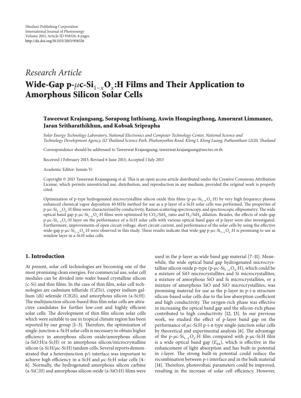Wide Gap P M C Si 1 X O X H Films And Their Application To Amorphous Silicon Solar Cells Topic Of Research Paper In Nano Technology Download Scholarly Article Pdf And