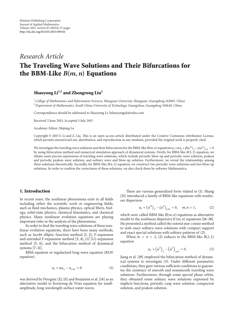 The Traveling Wave Solutions And Their Bifurcations For The Bbm Like B M N Equations Topic Of Research Paper In Mathematics Download Scholarly Article Pdf And Read For Free