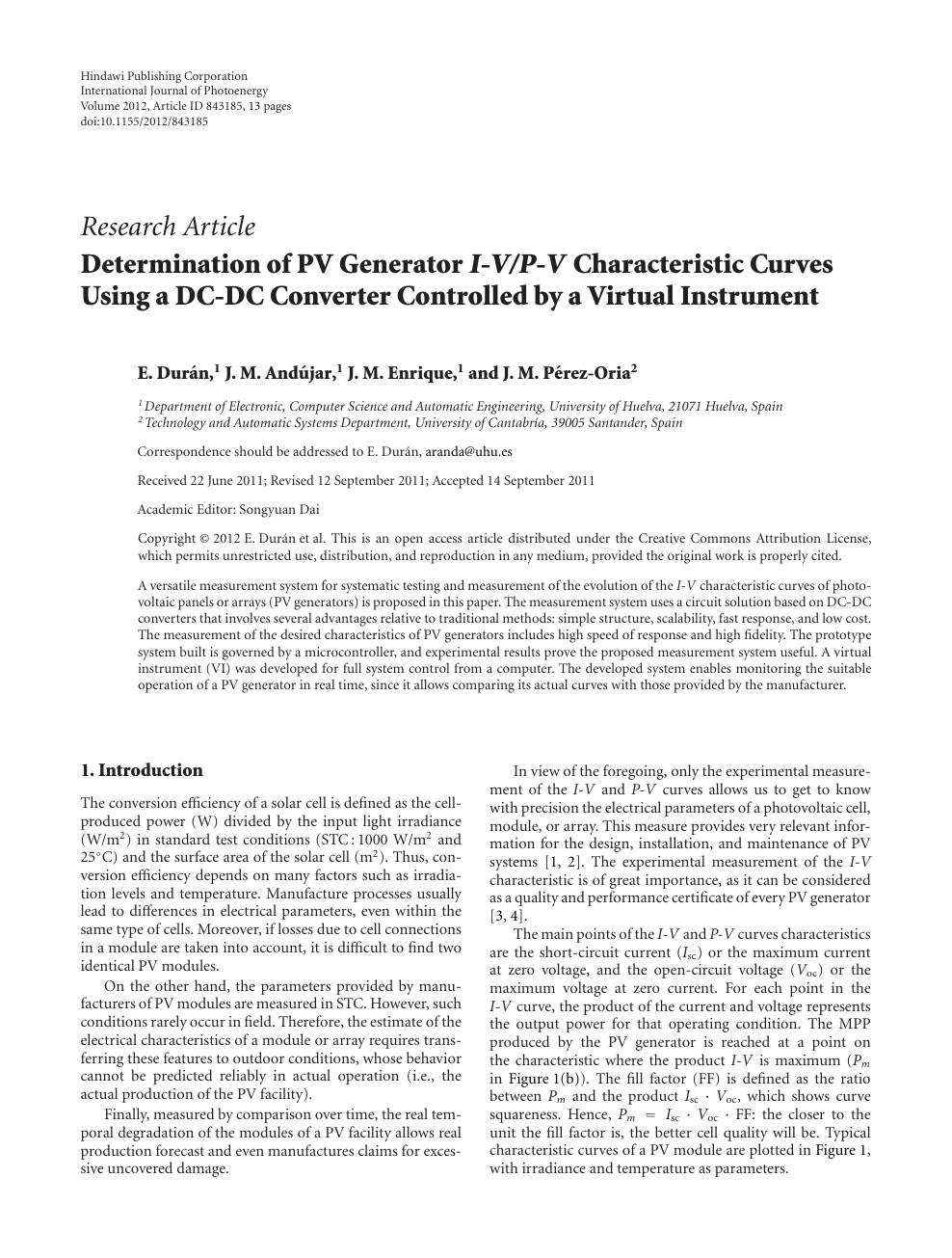 Determination Of Pv Generator I V P V Characteristic Curves Using A Dc Dc Converter Controlled By A Virtual Instrument Topic Of Research Paper In Electrical Engineering Electronic Engineering Information Engineering Download Scholarly Article Pdf