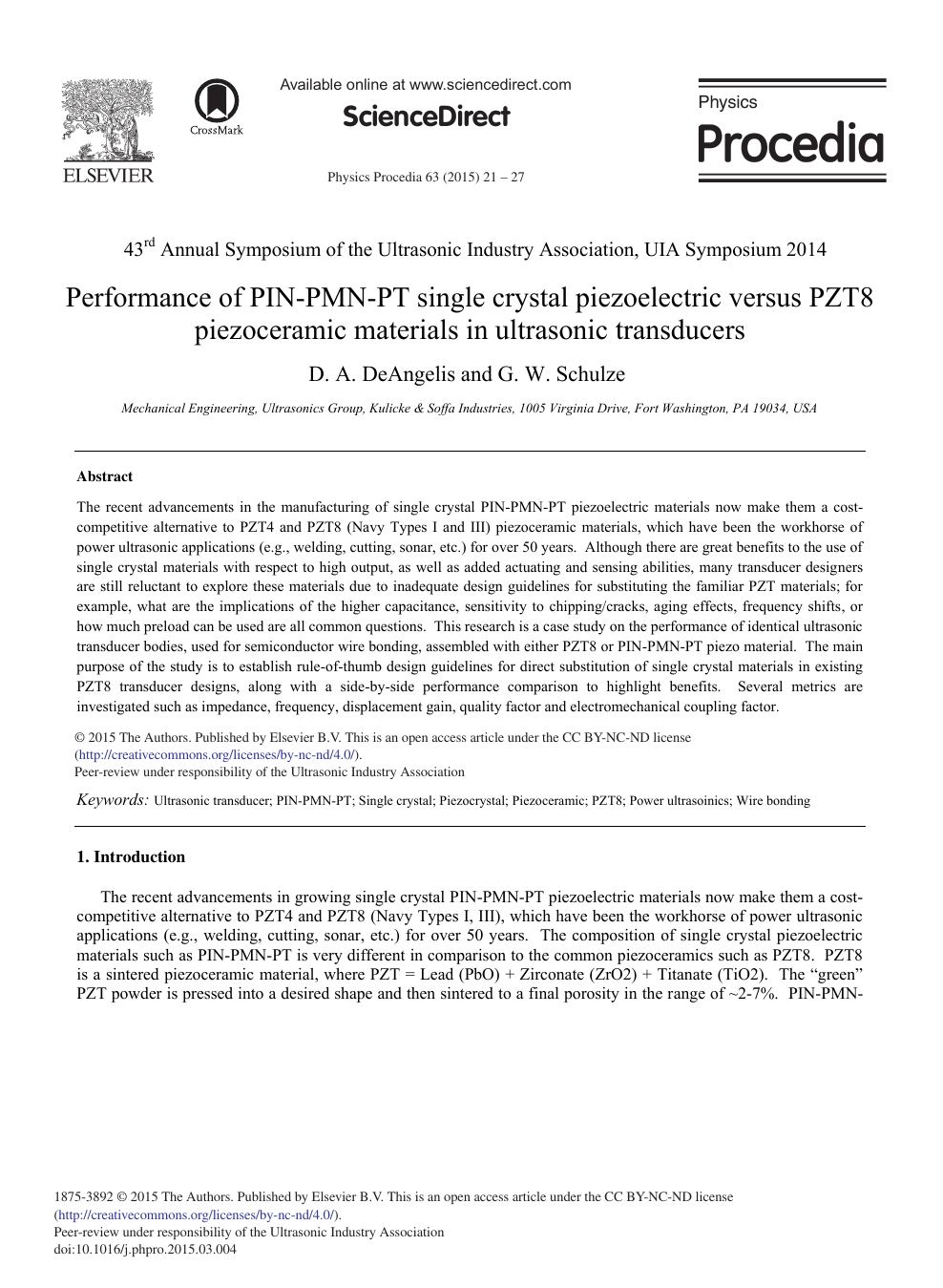 Performance Of Pin Pmn Pt Single Crystal Piezoelectric Versus Pzt8 Piezoceramic Materials In Ultrasonic Transducers Topic Of Research Paper In Materials Engineering Download Scholarly Article Pdf And Read For Free On Cyberleninka Open