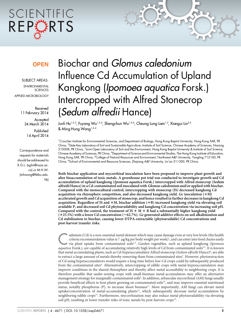 Biochar And Glomus Caledonium Influence Cd Accumulation Of Upland Kangkong Ipomoea Aquatica Forsk Intercropped With Alfred Stonecrop Sedum Alfredii Hance Topic Of Research Paper In Biological Sciences Download Scholarly Article Pdf