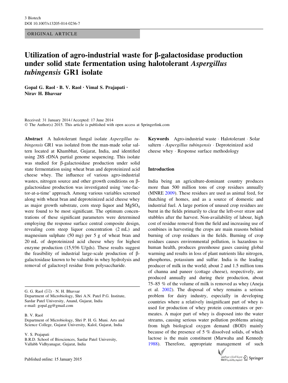 Utilization Of Agro Industrial Waste For B Galactosidase Production Under Solid State Fermentation Using Halotolerant Aspergillus Tubingensis Gr1 Isolate Topic Of Research Paper In Chemical Sciences Download Scholarly Article Pdf And Read For