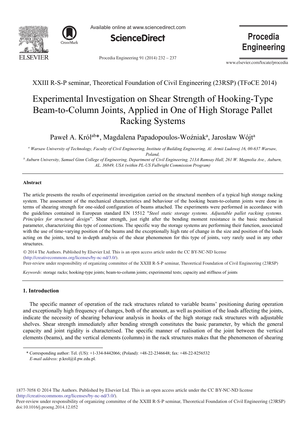 Experimental Investigation On Shear Strength Of Hooking Type Beam To Column Joints Applied In One Of High Storage Pallet Racking Systems Topic Of Research Paper In Materials Engineering Download Scholarly Article Pdf And Read
