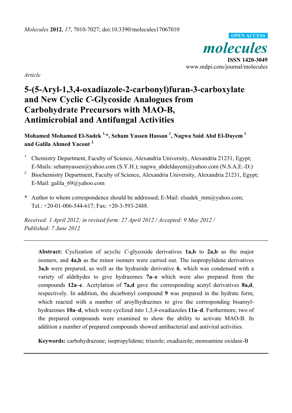 5 5 Aryl 1 3 4 Oxadiazole 2 Carbonyl Furan 3 Carboxylate And New Cyclic C Glycoside Analogues From Carbohydrate Precursors With Mao B Antimicrobial And Antifungal Activities Topic Of Research Paper In Chemical Sciences Download Scholarly Article