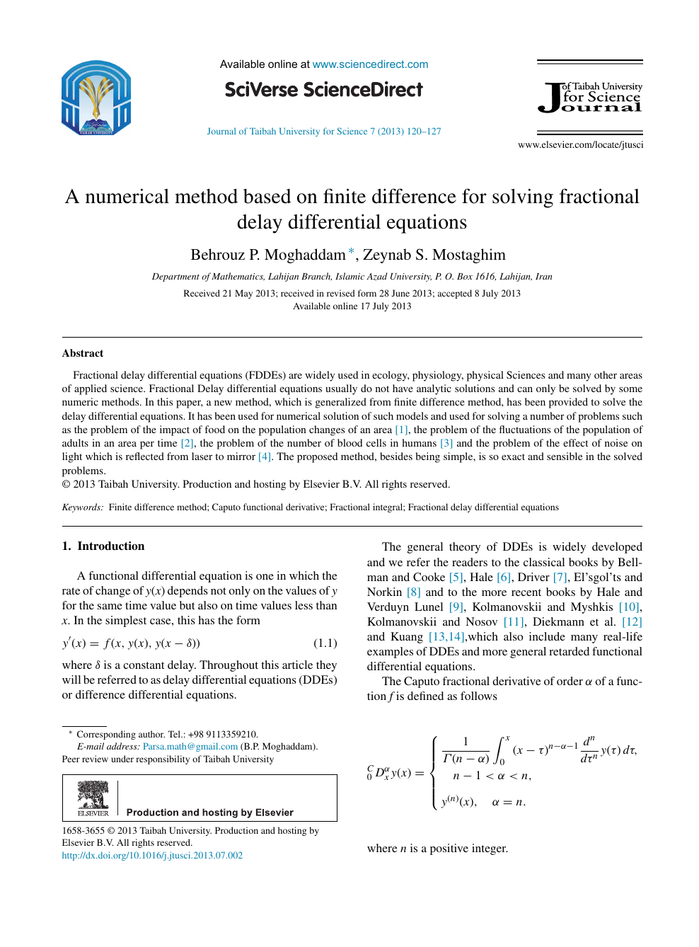 A Numerical Method Based On Finite Difference For Solving Fractional Delay Differential Equations Topic Of Research Paper In Mathematics Download Scholarly Article Pdf And Read For Free On Cyberleninka Open Science