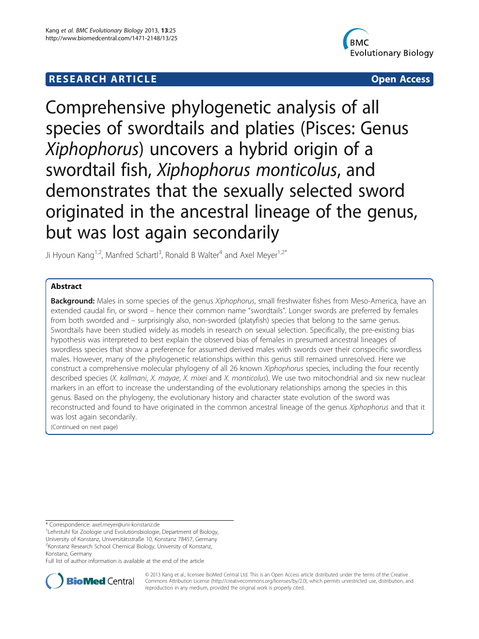 Comprehensive Phylogenetic Analysis Of All Species Of Swordtails And Platies Pisces Genus Xiphophorus Uncovers A Hybrid Origin Of A Swordtail Fish Xiphophorus Monticolus And Demonstrates That The Sexually Selected Sword Originated In