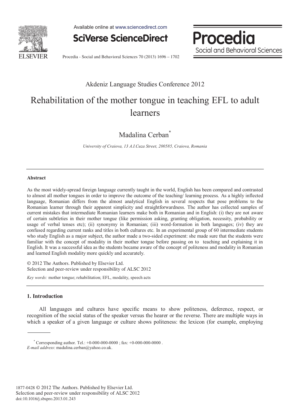 Rehabilitation Of The Mother Tongue In Teaching Efl To Adult
