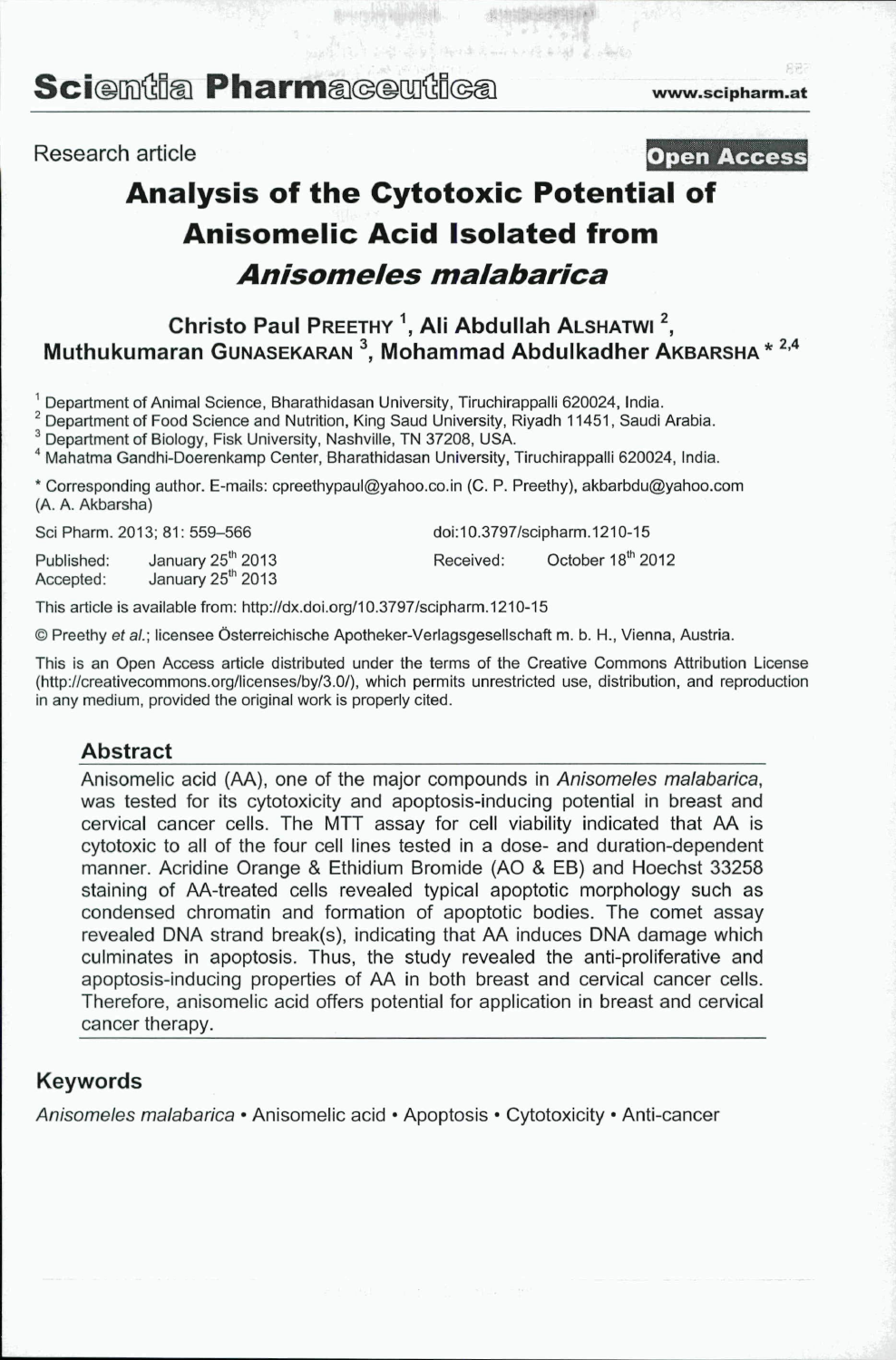 Analysis of the Cytotoxic Potential of Anisomelic Acid Isolated from  Anisomeles malabarica – topic of research paper in Biological sciences.  Download scholarly article PDF and read for free on CyberLeninka open  science