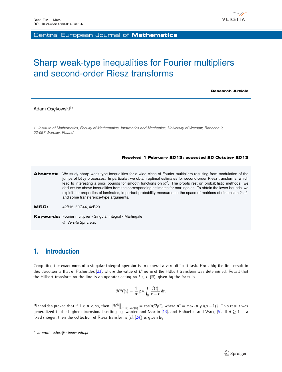 Sharp Weak Type Inequalities For Fourier Multipliers And Second Order Riesz Transforms Topic Of Research Paper In Mathematics Download Scholarly Article Pdf And Read For Free On Cyberleninka Open Science Hub