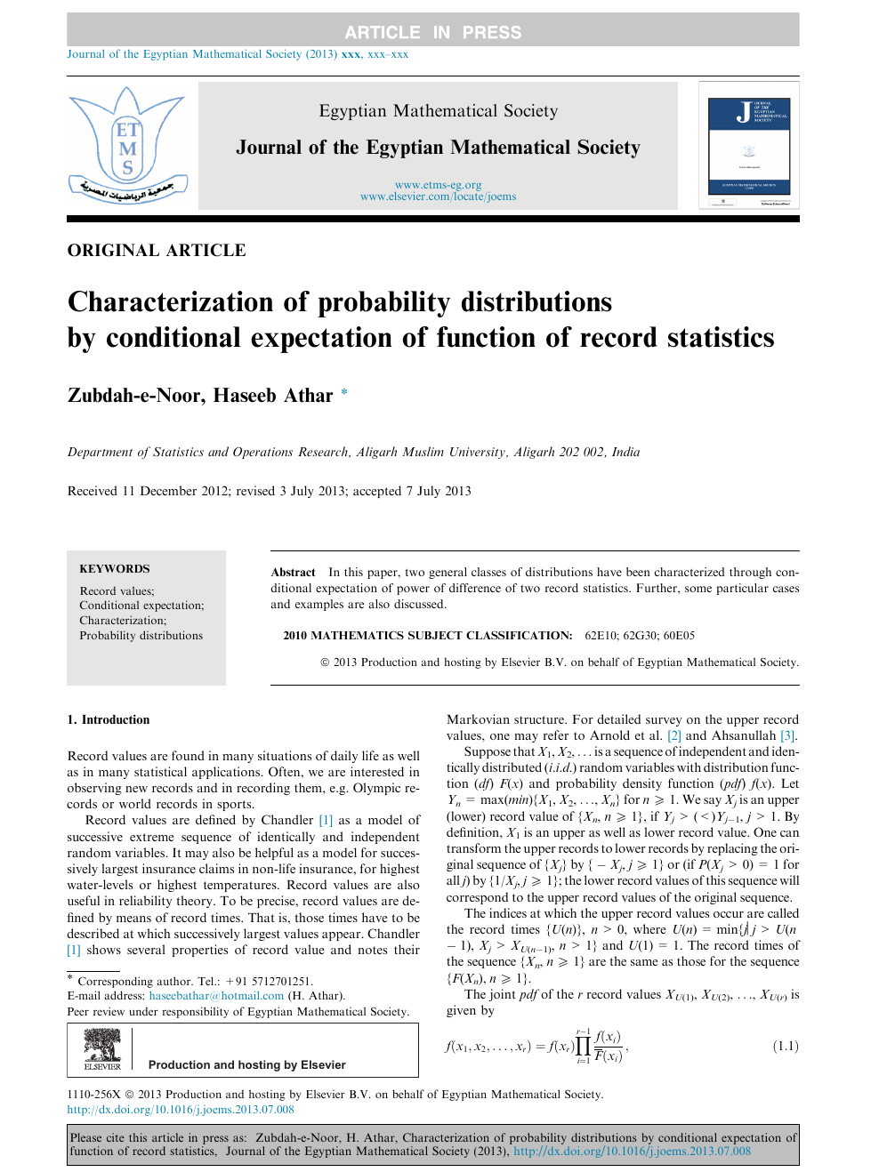 Characterization Of Probability Distributions By Conditional Expectation Of Function Of Record Statistics Topic Of Research Paper In Mathematics Download Scholarly Article Pdf And Read For Free On Cyberleninka Open Science Hub