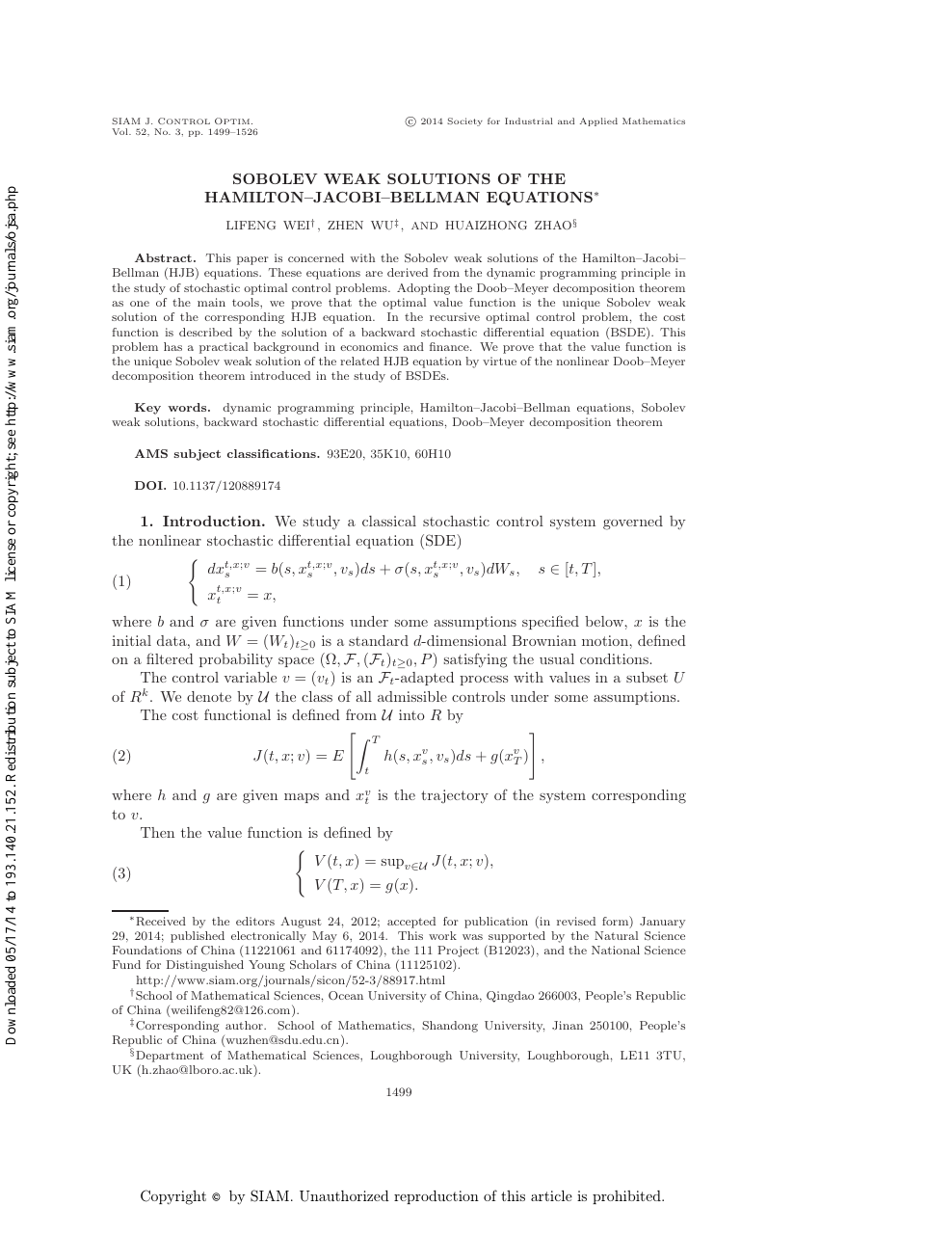 Sobolev Weak Solutions Of The Hamilton Jacobi Bellman Equations Topic Of Research Paper In Mathematics Download Scholarly Article Pdf And Read For Free On Cyberleninka Open Science Hub