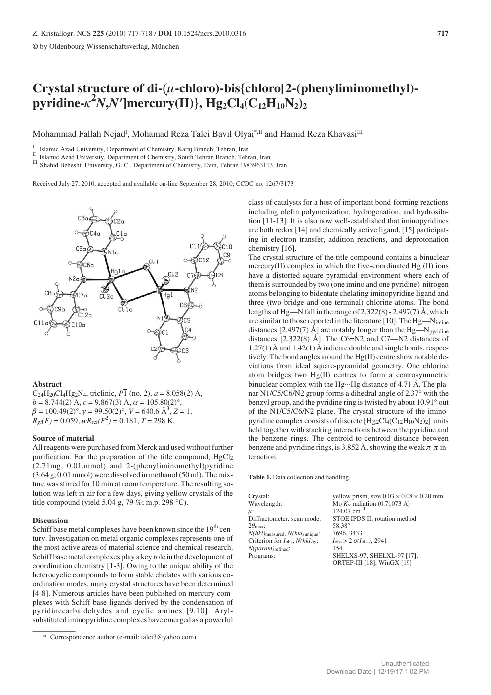 Crystal Structure Of Di M Chloro Bis Chloro 2 Phenyliminomethyl Pyridine K2n N Mercury Ii Hg2cl4 C12h10n2 2 Topic Of Research Paper In Chemical Sciences Download Scholarly Article Pdf And Read For Free On Cyberleninka Open Science Hub