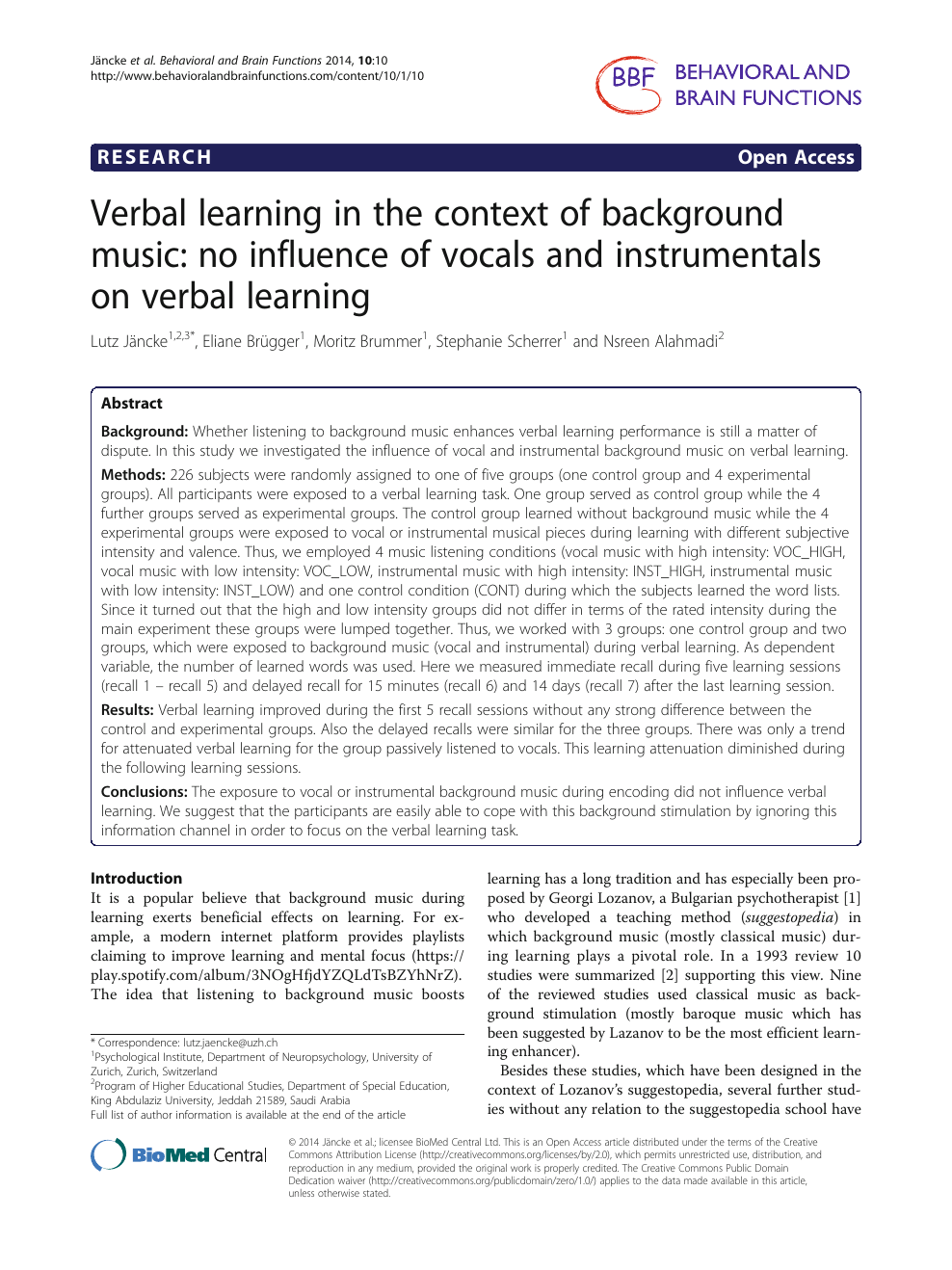 Verbal learning in the context of background music: no influence of vocals  and instrumentals on verbal learning – topic of research paper in Clinical  medicine. Download scholarly article PDF and read for