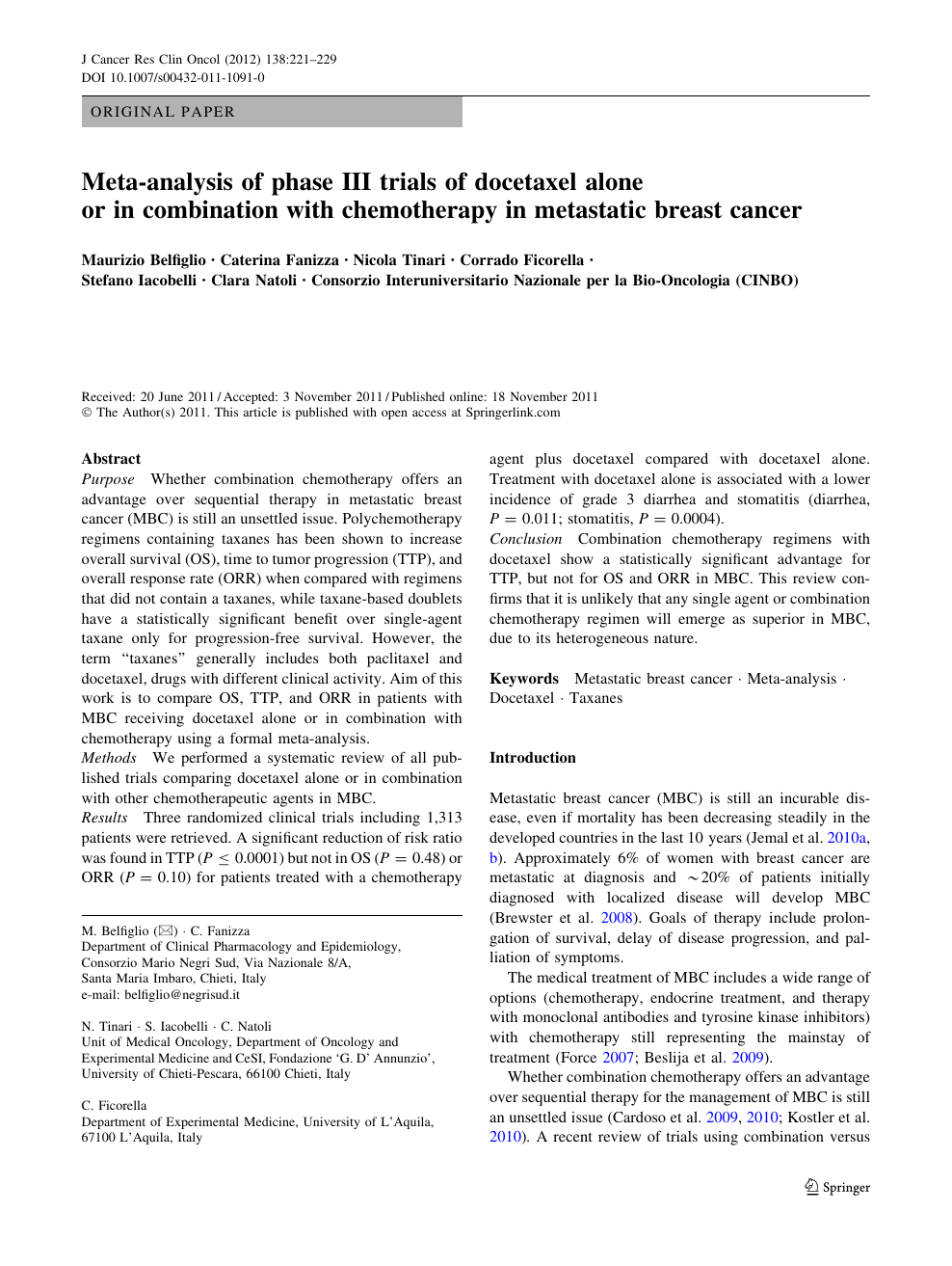 Meta Analysis Of Phase Iii Trials Of Docetaxel Alone Or In Combination With Chemotherapy In Metastatic Breast Cancer Topic Of Research Paper In Clinical Medicine Download Scholarly Article Pdf And Read For