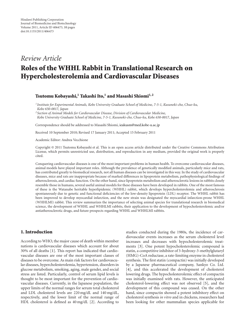 Roles of the WHHL Rabbit in Translational Research on Hypercholesterolemia  and Cardiovascular Diseases – topic of research paper in Basic medicine.  Download scholarly article PDF and read for free on CyberLeninka open