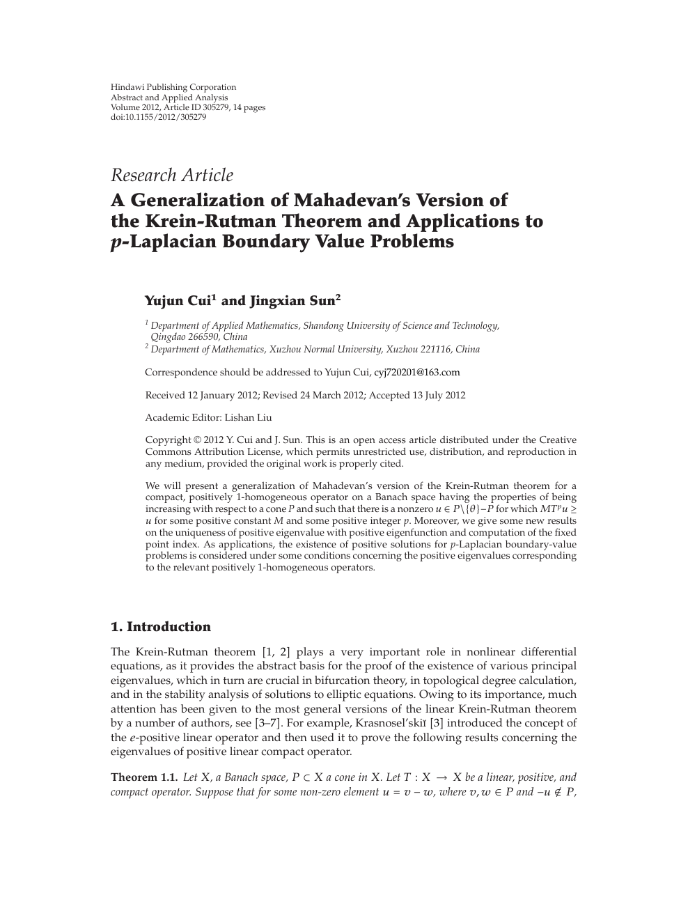 A Generalization Of Mahadevan S Version Of The Krein Rutman Theorem And Applications To P Laplacian Boundary Value Problems Topic Of Research Paper In Mathematics Download Scholarly Article Pdf And Read For Free